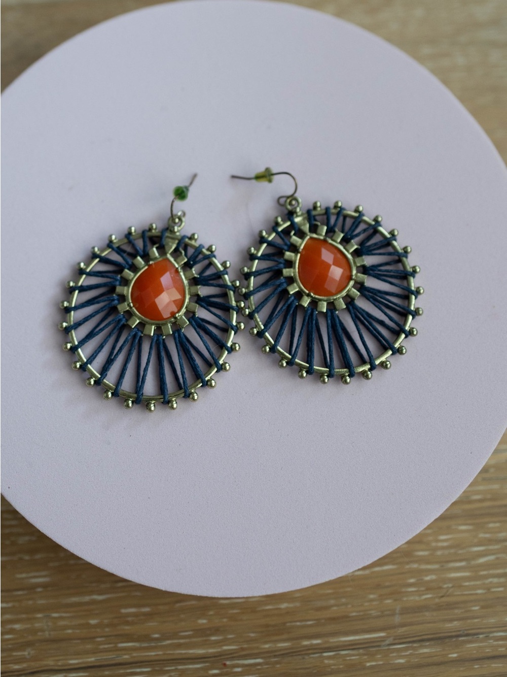 Handcrafted Orange‎ Stone and Navy Thread Hoop Earrings - Picture 2 of 5